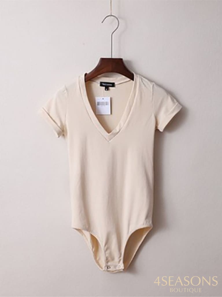 Summer New Solid Color Sexy Big V-Neck Slim Slimming One-Piece Short-Sleeved T-Shirt Women's