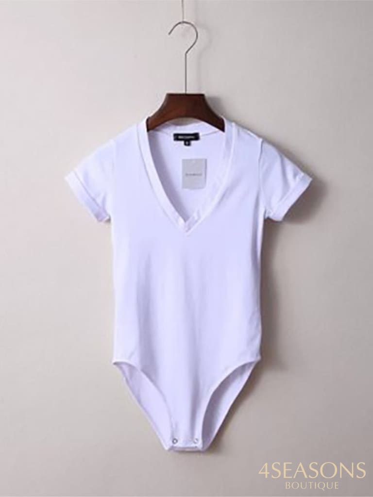 Summer New Solid Color Sexy Big V-Neck Slim Slimming One-Piece Short-Sleeved T-Shirt Women's