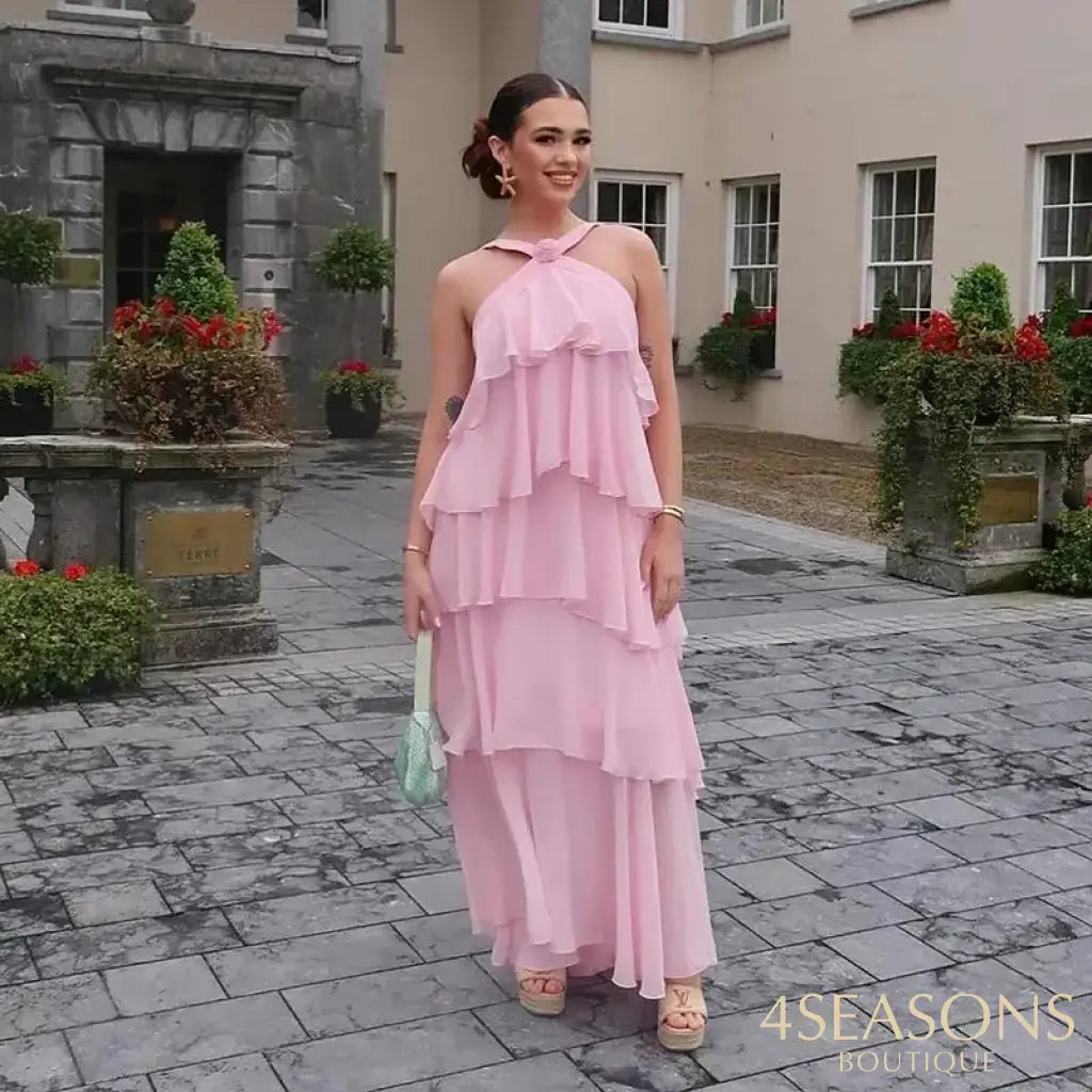 3D Flower Ruffles Layered Dresses Women’s Elegant Chiffon Backless Sleeveless Fluffy Long Dress 2025 Summer New Lady