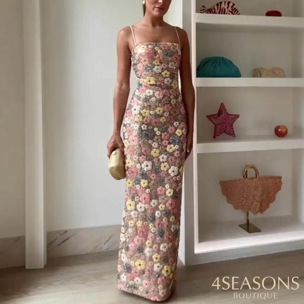 Summ Women Flowers Sequin Patchwork Slim Party Long Dress Strapless Fashion Maxi Dress Sexy Sleeveless Ladies Dress