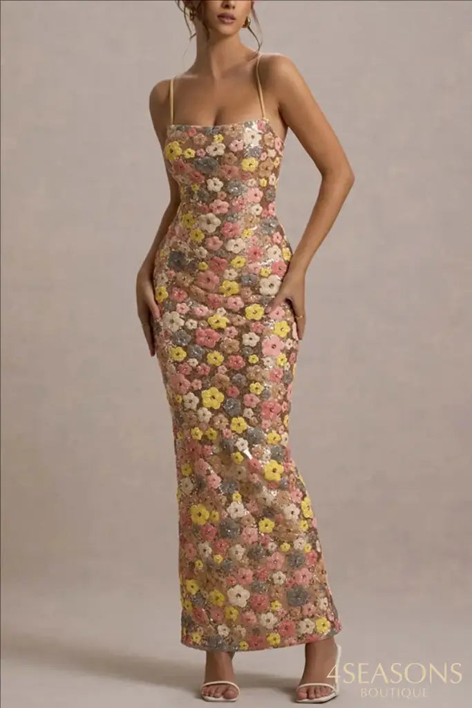 Summ Women Flowers Sequin Patchwork Slim Party Long Dress Strapless Fashion Maxi Dress Sexy Sleeveless Ladies Dress