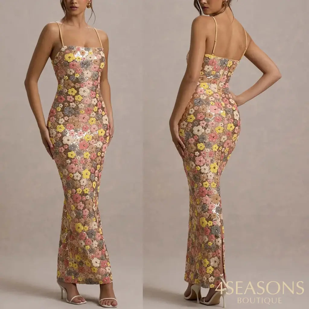 Summ Women Flowers Sequin Patchwork Slim Party Long Dress Strapless Fashion Maxi Dress Sexy Sleeveless Ladies Dress