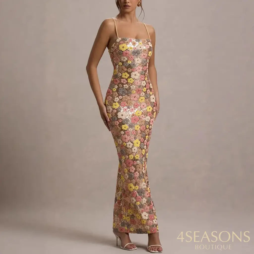 Summ Women Flowers Sequin Patchwork Slim Party Long Dress Strapless Fashion Maxi Dress Sexy Sleeveless Ladies Dress