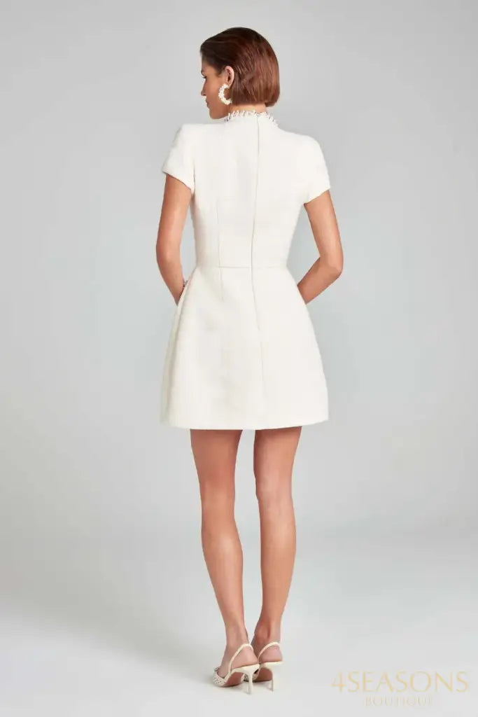 White Shoulder Pad Short Sleeve Party Dress Women’s Elegant Tweed A-line O-neck Patchwork Luxury Black Evening Dresses