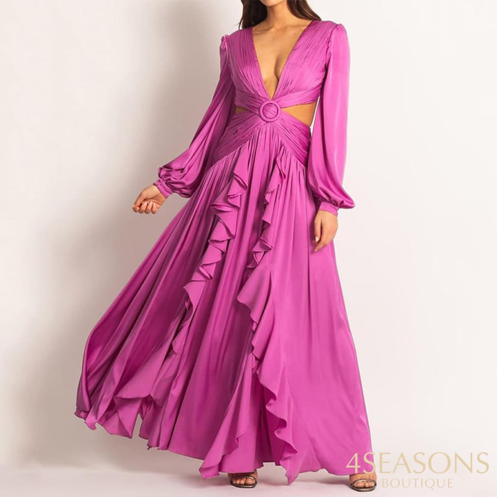 Ellafads Woman Dress High Waist V-Neck Women's Pleated Solid Color Ruffled Dresses For Women