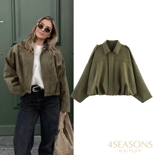 RAFZNB Women’s Bomber Jackets Coats Fashion Turn-down Collar Long Sleeve Loose Coats Vintage Female Outerwear Chic Tops