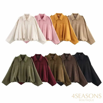 RAFZNB Women’s Bomber Jackets Coats Fashion Turn-down Collar Long Sleeve Loose Coats Vintage Female Outerwear Chic Tops