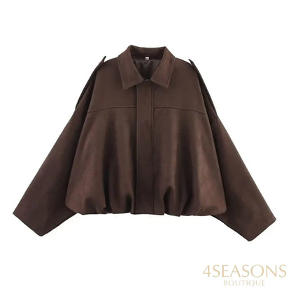 RAFZNB Women’s Bomber Jackets Coats Fashion Turn-down Collar Long Sleeve Loose Coats Vintage Female Outerwear Chic Tops