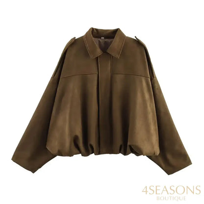 RAFZNB Women’s Bomber Jackets Coats Fashion Turn-down Collar Long Sleeve Loose Coats Vintage Female Outerwear Chic Tops