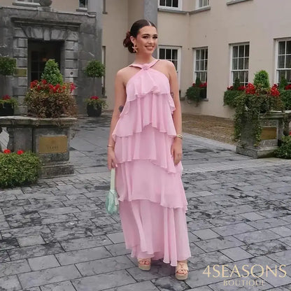 3D Flower Ruffles Layered Dresses Women’s Elegant Chiffon Backless Sleeveless Fluffy Long Dress 2025 Summer New Lady