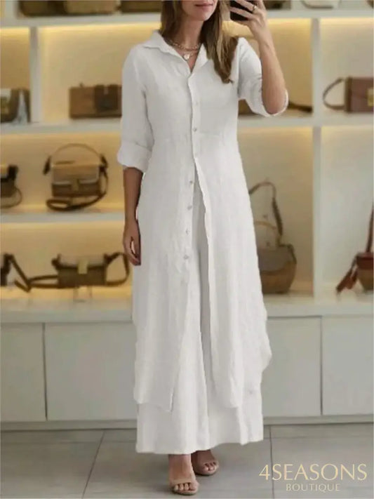 Spring Autumn Cotton Linen Loose 2 Piece Sets Casual Button Long Sleeved Women Outfit Elegant High