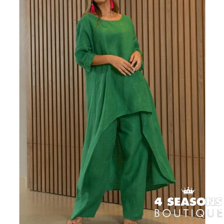 Autumn Two Piece Set Women Cotton Linen Wide Leg Pants Vintage Boho Shirt Dress Casual Loose Work