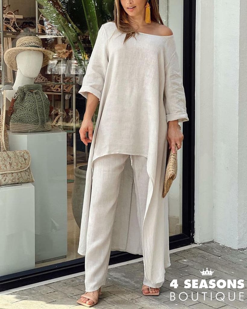 Autumn Two Piece Set Women Cotton Linen Wide Leg Pants Vintage Boho Shirt Dress Casual Loose Work