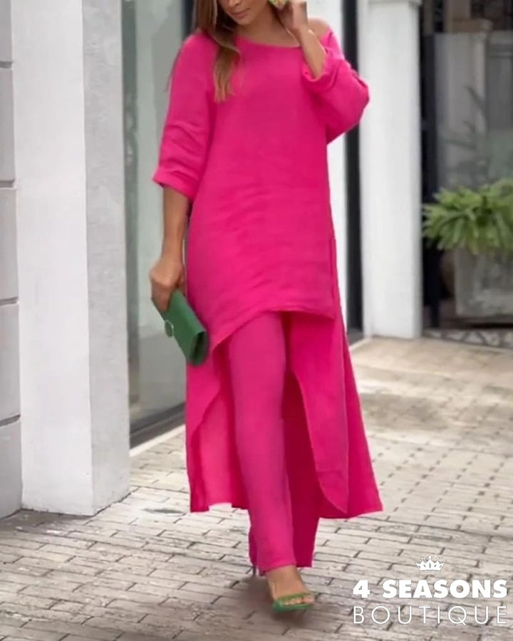 Autumn Two Piece Set Women Cotton Linen Wide Leg Pants Vintage Boho Shirt Dress Casual Loose Work