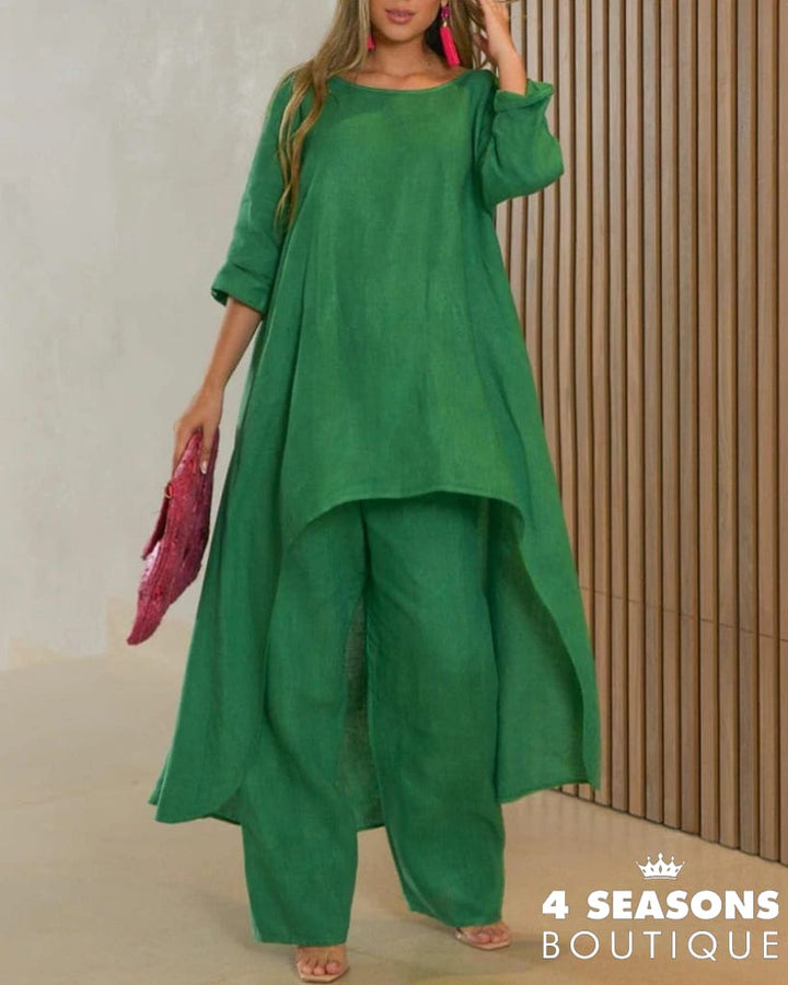 Autumn Two Piece Set Women Cotton Linen Wide Leg Pants Vintage Boho Shirt Dress Casual Loose Work