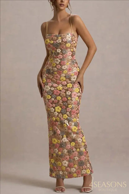 Summ Women Flowers Sequin Patchwork Slim Party Long Dress Strapless Fashion Maxi Dress Sexy Sleeveless Ladies Dress