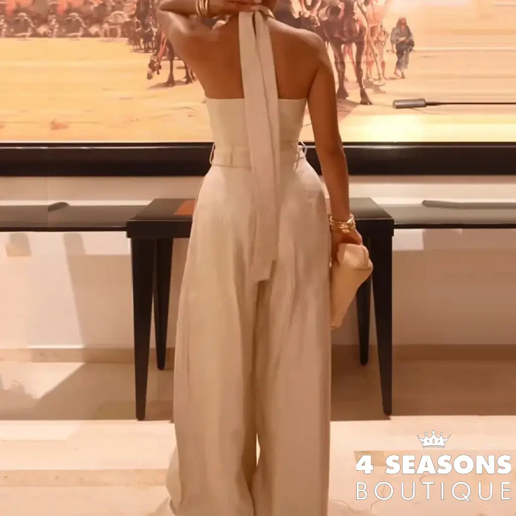 Wefads Women Jumpsuit Summer Fashion Solid Sleeveless Halter Neck Lace Up Backless Nipped Waist