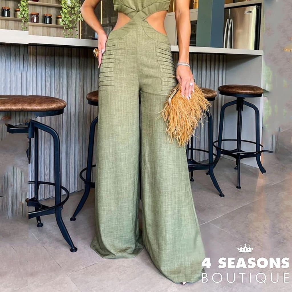 Ellafads Women Jumpsuit Fashion Solid Round Neck Ruffled Short Sleeve Hollow Out Open Waist Wide