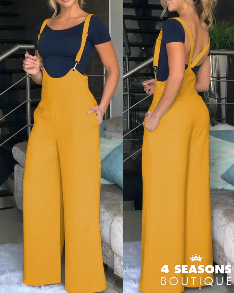 Spring Summer Casual Solid Strap Jumpsuit Women Fashion High Waist Wide Leg Bodysuit Beige / S