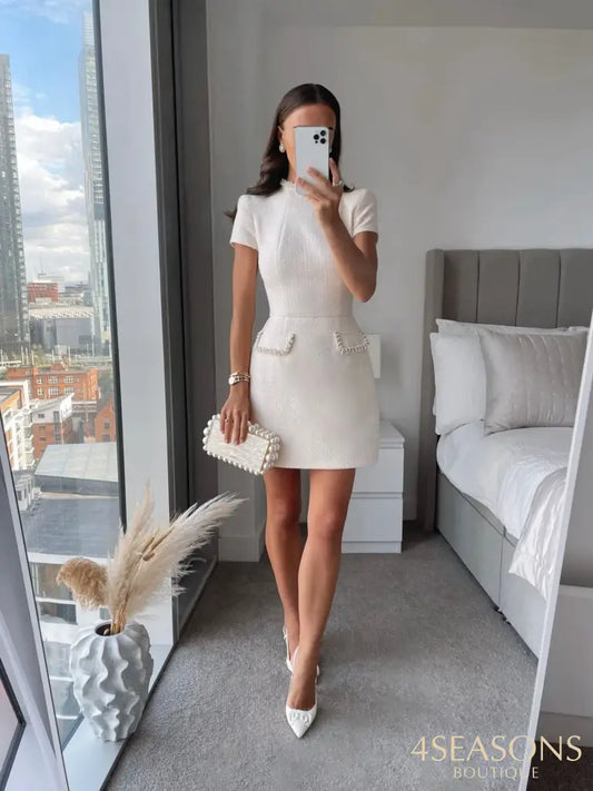 White Shoulder Pad Short Sleeve Party Dress Women’s Elegant Tweed A-line O-neck Patchwork Luxury Black Evening Dresses