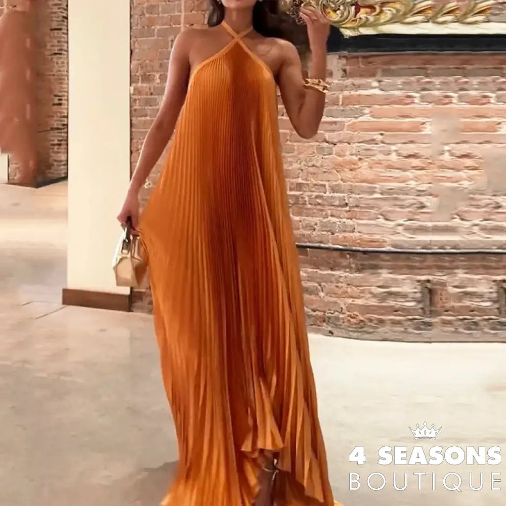 Ellafads Maxi Dress Women Summer Fashion Halter Neck Solid Sleeveless Tie Pleated Backless Loose