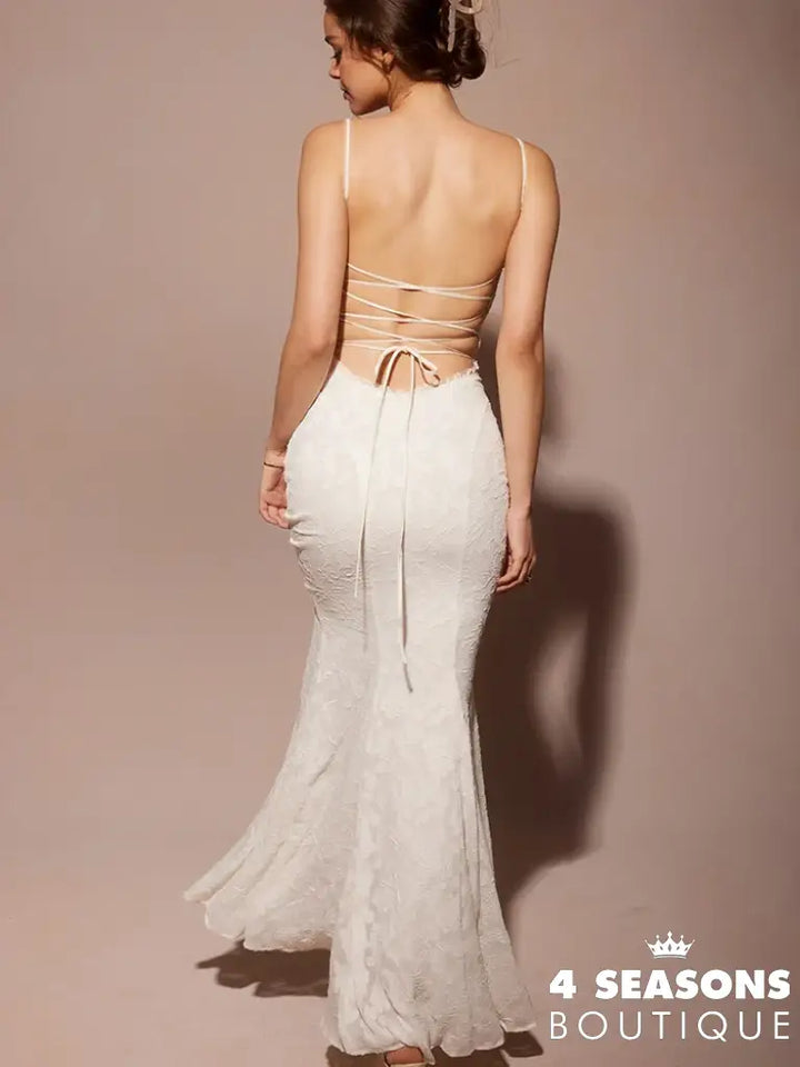 Julissa Mo Sexy Backless Double Layer Women Maxi Dress White Spaghetti Strap Evening Summer Skinny
