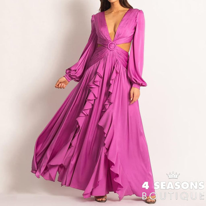 Ellafads Woman Dress High Waist V-Neck Women&#39;s Pleated Solid Color Ruffled Dresses For Women