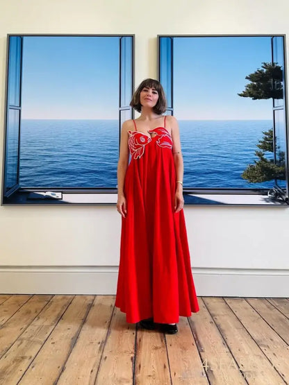 Summer 2024 New Fashion Chic Sleeveless Red Fish Shaped Bra Sling Long Dress Backless Loose Pleated