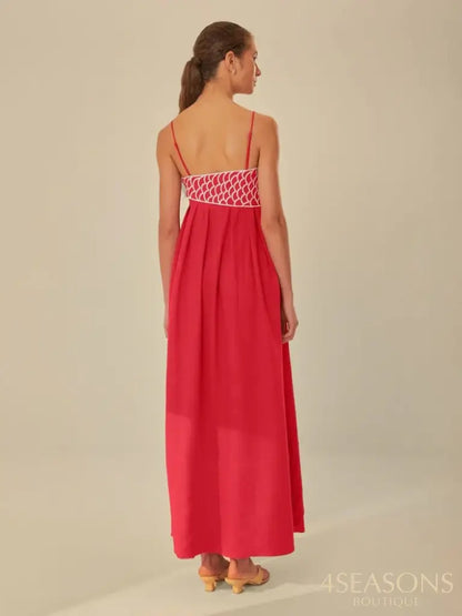Summer 2024 New Fashion Chic Sleeveless Red Fish Shaped Bra Sling Long Dress Backless Loose Pleated