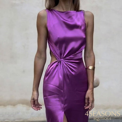 Ellafads Women Dress Summer Sexy Fashion Satin Sleeveless Slit Cutout Roud Neck Solid Pleated Long