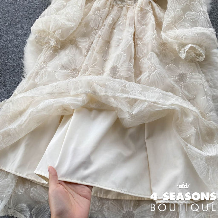 2022 Spring Elegant V-Neck Lace Sequin Dress Gentle Feminine Waist Thin Over-The-Knee Long-Sleeve