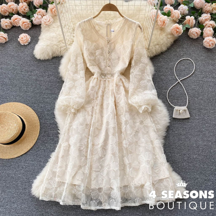 2022 Spring Elegant V-Neck Lace Sequin Dress Gentle Feminine Waist Thin Over-The-Knee Long-Sleeve