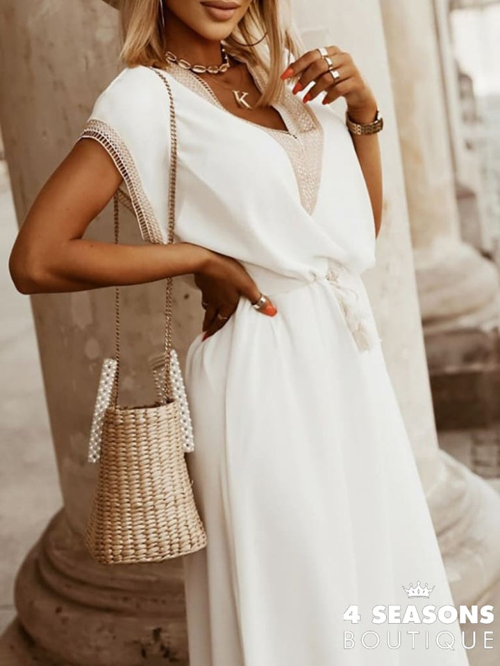 Sexy V Neck Short Sleeve Beach Dress 2022 High Waist A Line Lace Up Ruffles Women Casual Loose