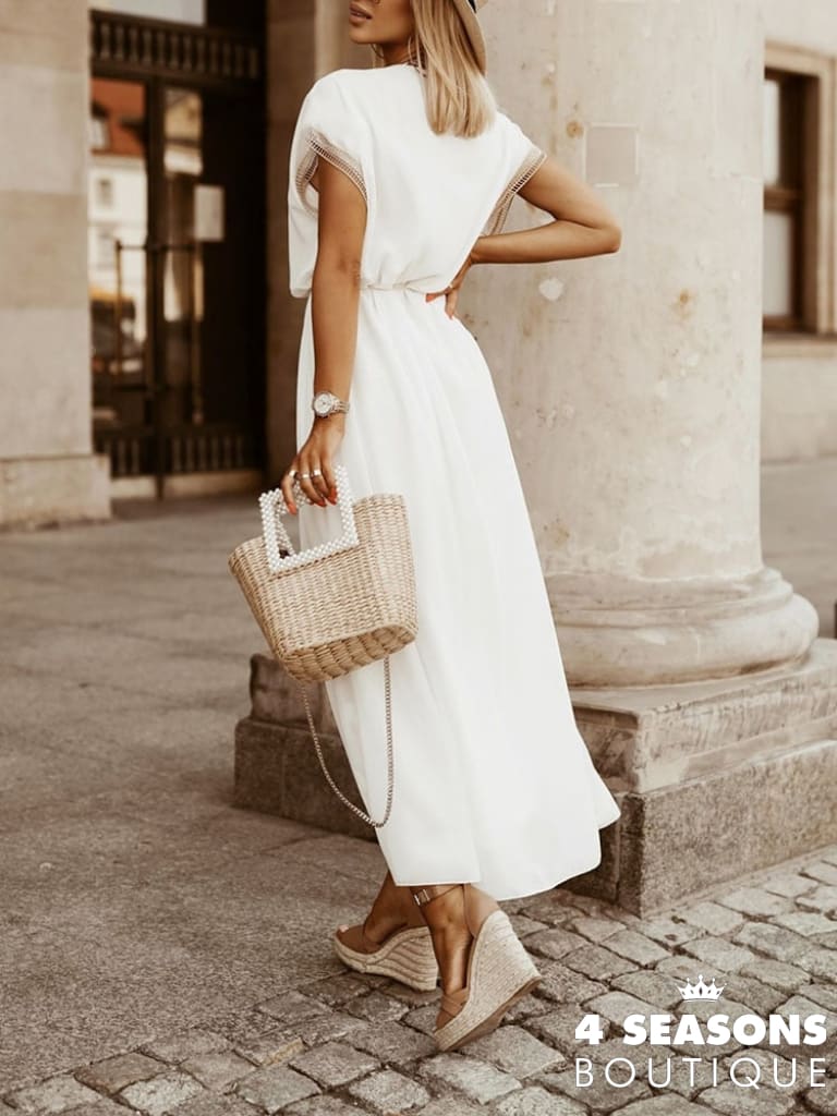 Sexy V Neck Short Sleeve Beach Dress 2022 High Waist A Line Lace Up Ruffles Women Casual Loose
