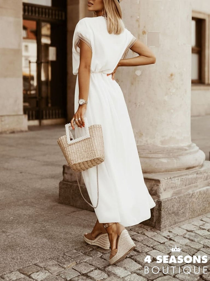 Sexy V Neck Short Sleeve Beach Dress 2022 High Waist A Line Lace Up Ruffles Women Casual Loose